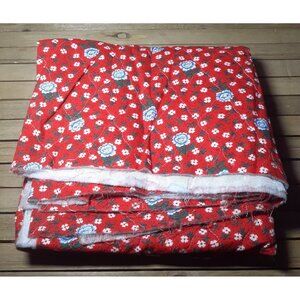 Cotton Sewing Fabric Machine Quilted Nylon Back Red with Blue Flowers 1 yd x 42"